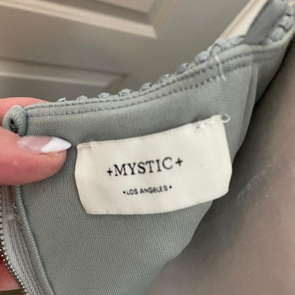 Mystic Size L Gray Cocktail Dress Mesh Fabric Cut Out Waist Strappy Peplum Tier - Picture 7 of 12